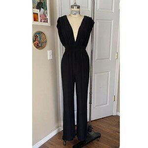 FOREVER 21 Blk Stretch SMOCKED V Front LOW back Cocktail JUMPSUIT Romper *SMALL*